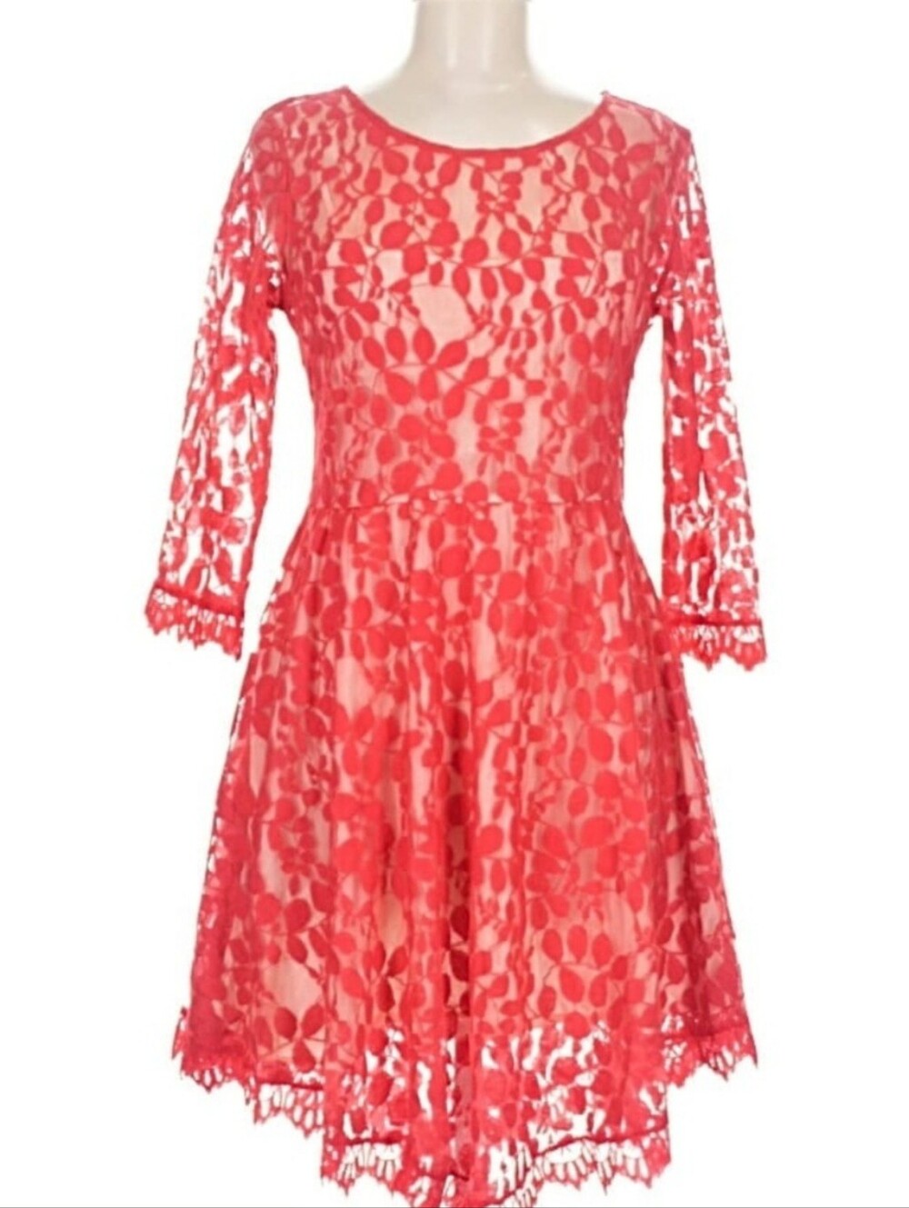 Free People Floral Lace Fit & Flare Dress Red Size 6 Cotton Linen Boho Mini
